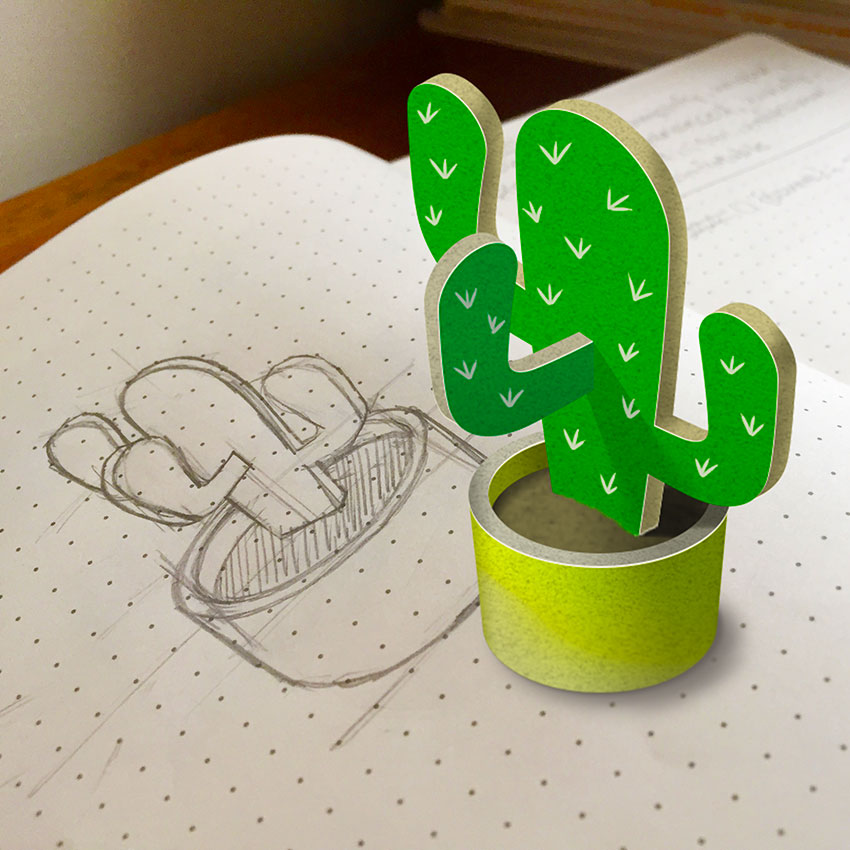 Sketch of cactus and final photoshop version